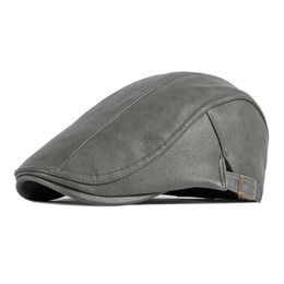 Autumn Winter Pu Solid Colour Newsboy Caps Flat Peaked Cap Men and Women Painter Beret Hats 35