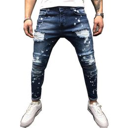 Blue Damaged Skinny Fit Denim Jeans Street Mode Jeans Motorcycle Biker Jean Causal HOLE Pants Streetwear Mens Trouser332f