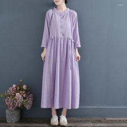 Casual Dresses 2023 Vintage Women Dress Cotton Linen Long Sleeve Solid Colour V-neck Ankle Length Female Robe Spring Autumn Clothes