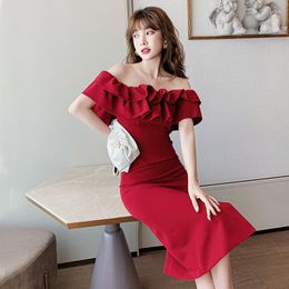 Party Dresses 2023 Brand Women Vintage Red Dress Off Shoulder Ruffles Sexy Chic Pencil Slit Midi Vestidos Mujer