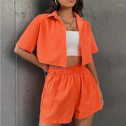 Women's Shorts 2023 Summer Women's Two Piece Set Solid Color Single Breasted Short Sleeve Polo Shirt Fashion Casual