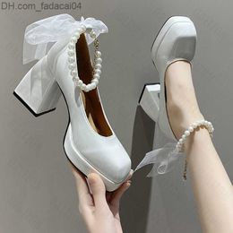 Dress Shoes Dress Shoes Women Beades High Heels Mary Janes Shoes Chunky Retro Lolita Shoes Summer Sandals Platform Fad Sexy Party Pumps Zapatos 230424 Z230701