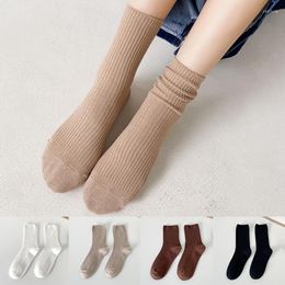 Women Socks 1 Pair Retro Cotton Loose Autumn Winter Knitting Solid Colour Long Black Korean Japanese Student Girls Stockings