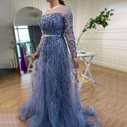 Party Dresses Serene Hill Muslim Blue A Line Lace Beaded Feathers Arabic Luxury Evening Gowns 2023 For Women Wedding LA71935