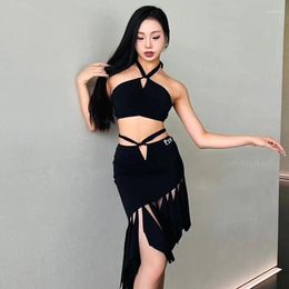 Stage Wear 2023 Latin Dance Practice Clothes Black Sling Tops Irregular Skirt Suit Chacha Rumba Tango Adult Dress DQS13930