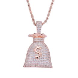 Micro Paved CZ Stone Gold Plated Money Bags Necklace Pendant with Rope Chain Men Hip Hop Bling Jewelry194A