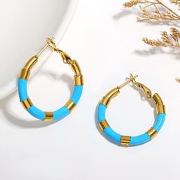 Hoop Earrings AENSOA Stainless Steel Multicolor Enamel Bamboo For Women Gold Plated Round Circle Waterproof Jewelry