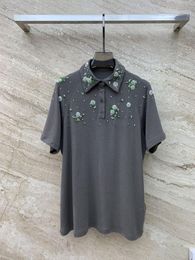 Men's Casual Shirts 202323 Early Fall Hand-made White And Green Nail Beads Sequin Three-dimensional Flower Decoration Lapel Short Sleeve8.20