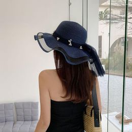 Wide Brim Hats Fashion Temperament Ribbon Summer Sunshade Lace Women Sun Hat Pearl Bow Straw Cap Korean Style