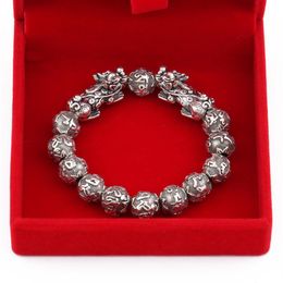 Antique Silver Plated Feng Shui Pixiu Charm Six Word Mantra Beads Bracelet Mascot Amulet Jewelry for Men276O