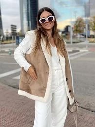 Women's Vests 2023 Winter Women Sheep Skin Fur Suede Patchwork Vest Sleeveless Single Breasted With Pocket Casual Coat Warm Loose Top