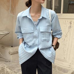 Women's Blouses Clothland Women Elegant Baby Blue Pleated Blouse Pocket Long Sleeve Shirt Female Office Wear Tops Blusa LA781