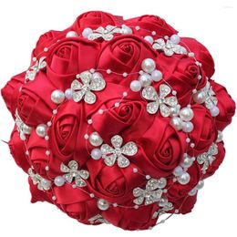 Decorative Flowers High Quality21cm Handmade Silk Rose Flower Bouquet With Five-petal Brooch And Pearl Chains 21 25cm