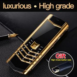 Desbloqueado telefone celular de aço inoxidável luxo alto clássico metal assinatura artesanal telefones duplo cartão sim quad band câmera bluetooth mp3 celular capa de couro grátis