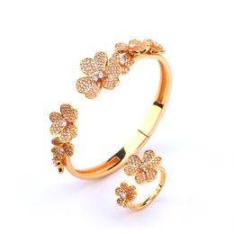 Crystal Flower Bangles For Women Rose Gold Silver Colour Crystal Cuff Bracelets Floral Rings Girl Friend Gifts273s