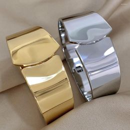 Bangle AENSOA 316L Stainless Steel Chunky Smooth Gold Colour Wide Bracelets For Women Men Design Geometry Thick Wrist Jewellery