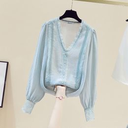 Women's Blouses 2023 Autumn Style Lace Stitching Chiffon Top Trendy Light Sweet V-neck Western Blouse