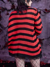 Women's Sweaters Women Distressed Striped Knitted Sweater Ripped Punk Gothic Long Pullover Tops Harajuku Aesthetic Halloween Clothes