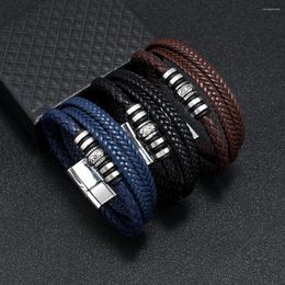 Link Bracelets Men's Handmade Leather Bracelet With Multi-layer Woven Rope Stainless Steel Bangle