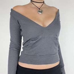 Women's T Shirts Sexy Slim Crop Tops Long Sleeve Deep V Neck Solid Colour Casual Short Hood T-shirt Club Streetwear