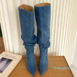 Boots Street Fashion Cowboy For Women 2023 Pointed Toe Women's Blue Denim High Heels Mid-calf Zapatos