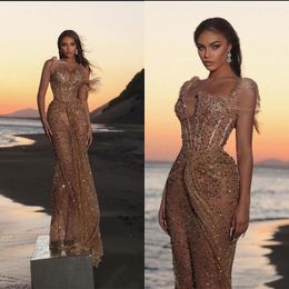 Party Dresses Luxury Lllusion Evening Mermaid Feather Tassels Low-Cut V-Neck Special Occasion Dress Sequined Floor-Length Prom Gowns
