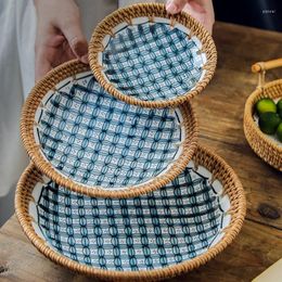 Plates Chinese Rattan Fruit Tray Household Ceramic Snack Board Creative Tea Table Delicate Round Storage Trays Salad Plate