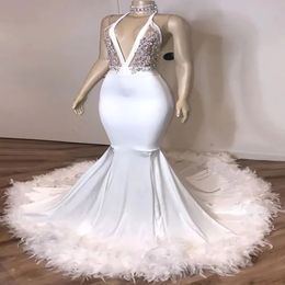 Evening Dresses Custom Prom Party Gown Backless Formal Mermaid High Neck Sleeveless Feather Satin Applique Ivory White Plus Size Zipper New Lace Up