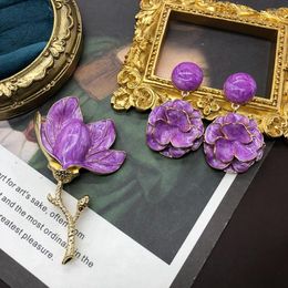 Necklace Earrings Set French Niche Purple Enamel Glaze Magnolia Brooch Painted Three-dimensional Flowers High Sense Of Retro