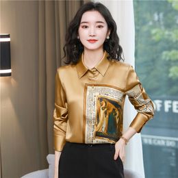 Luxury Silk Satin Graphic Gold Blouses Autumn Winter Lantern Sleeve Women Designer Runway Shirt 2023 Office Ladies Lapel Button Formal Shirts Office Ladies Tops
