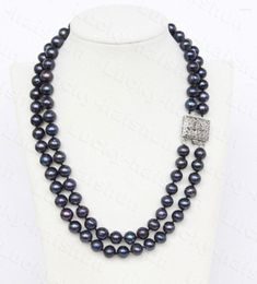 Chains JQHS Genuine 43cm 2row 10mm Round Black Pearls Necklace 18KGP Clasp C1228 Jewellery