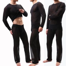 Men's Sleepwear Pajama Sets Men Pajamas Sexy See Through Ice Silk No Seaming Tee Thin Soft T-shirt & Long Pants Male