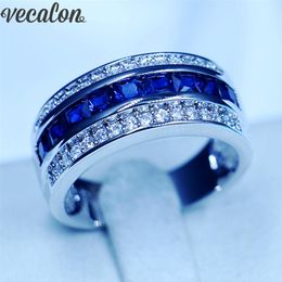 Vecalon Princess cut sapphire Cz Wedding Band Ring for Men 10KT White Gold Filled Male Engagement Band ring275b
