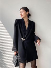 Women's Suits Insozkdg 2023 Autumn Winter French Mid-length Black Suit Design Sense Sexy Jacket Women Blazer Casual Clothes