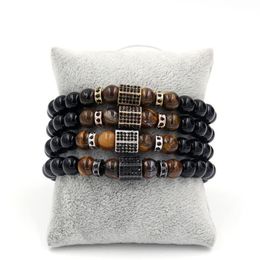 Charm Bracelets Fashion Mens Matte Onyx Stone Tiger Eye Combination With Cubic Zircon Elastic Stretch Bracelet Unisex Jewellery Gift318z