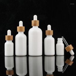 10ml 15ml 30ml white essential oil dropper bottle cosmetic glass pipette packaging container with wood grain bamboo lid cap1268V