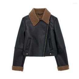 Women's Jackets Autumn Style Lapel Long-sleeved Fur Integrated Zipper Jacket Velvet-lined Motorcycle Warm Coat