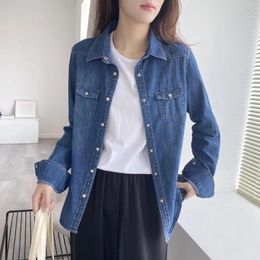 Women's Blouses Vintage Oversized Denim Shirts Autumn Loose Cotton Blue Shackets Long Sleeve Tops