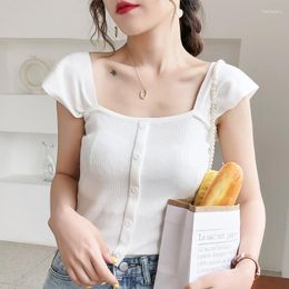 Women's Tanks Tube Top Square Neck Highstreet Crop Tops For Women 2023 Summer HELIAR Knitted Female Button Up Tees Cute