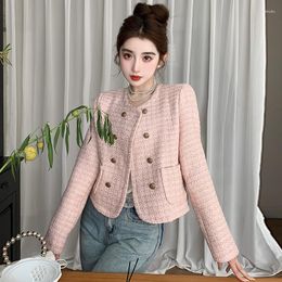 Women's Jackets Vintage French Tweed Jacket Coat Women Autumn Winter Long Sleeve Pockets Double Breasted Coats Korean Fashion Outwear