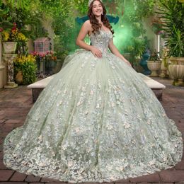 Sage verde brilhante tule quinceanera vestidos querida contas applique rendas vestido de baile doce dezesseis vestidos