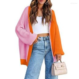 Women's Knits Contrast Colour Cardigan Knitted Loose Casual V-Neck Long Batwing Sleeve Colourful Patchwork Sweater Coat For Women Lazy Style