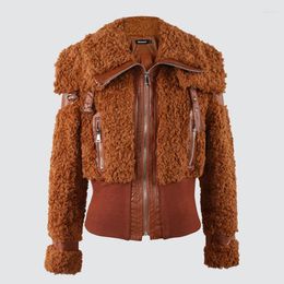 Women's Fur 2023 Fuzzy Fluffy Jacket Autumn Winter Chic Warm Pu Leather Patchwork Faux Coat Women Zip Up Luxury Designer Overcoat