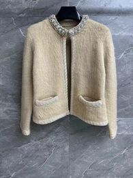 Women's Knits 2023 Fashion Diamonds Around Neck Mohair Cardigan For Women High Quality Solid Elegant Fluffy Long Sleeve Open Stitch Sweater