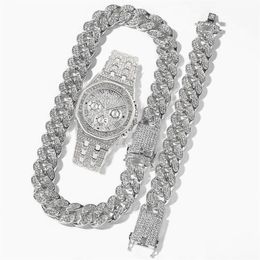 Chains Cuban Link Chain Iced Out Watch Mens Jewellery Set Necklace Watch Bracelet Hip Hop MiamiRhinestone African Choker289T