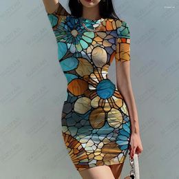 Casual Dresses Summer Ladies Slim Dress Color Stitching 3D Printed Lady Sexy Style Fashion
