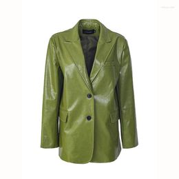 Women's Leather Spring Autumn Women Green Casual Faux Suit Jacket Loose Notched Collar Single-breasted Long Sleeve Female Blazers Coat