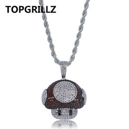 TOPGRILLZ Hip Hop Shiny Colourful Mushroom Pendant Necklace Charm For Men Women Gold Silver Colour Cubic Zircon Jewellery Rope Chain217B