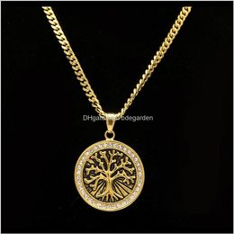 Necklaces Retro Tree Of Life Iced Out Cz Crystal Gold Plated Pendant Stainless Steel With 5Mm 27Inch Cuba Chain Necklace Fashion J290n