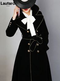 Womens Trench Coats Lautaro Spring Autumn Long Black Velvet Coat for Women with Gold Trim Sashes Double Breasted Luxury Designer Fashion 230928
